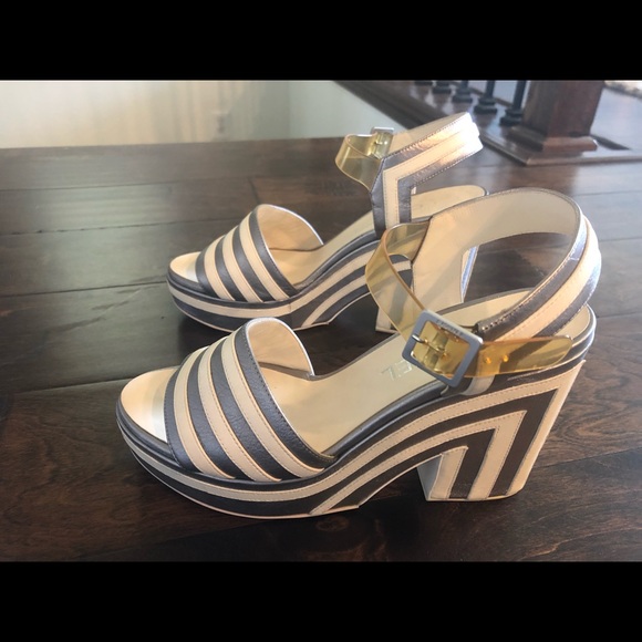 CHANEL Striped Silver White Platform Wedge Shoes - Picture 6 of 7